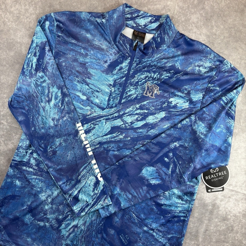 Memphis Tigers Sweater Mens L Blue RealTree Fishing Hooded Fishing 1/4 Zip NEW